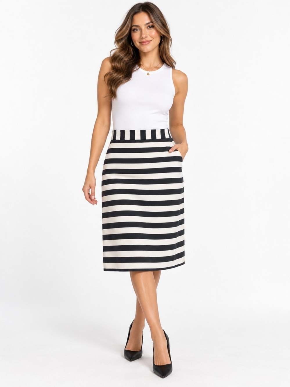 Women's Striped Midi Skirt in Black & White